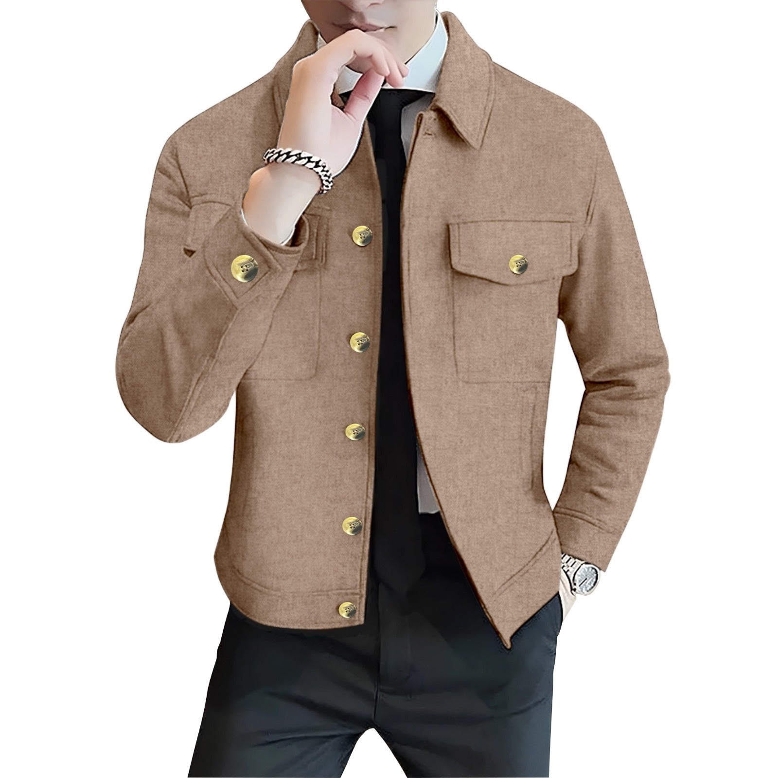 MEN'S Button-Up Shacket Jacket ( Brown+Khaki)