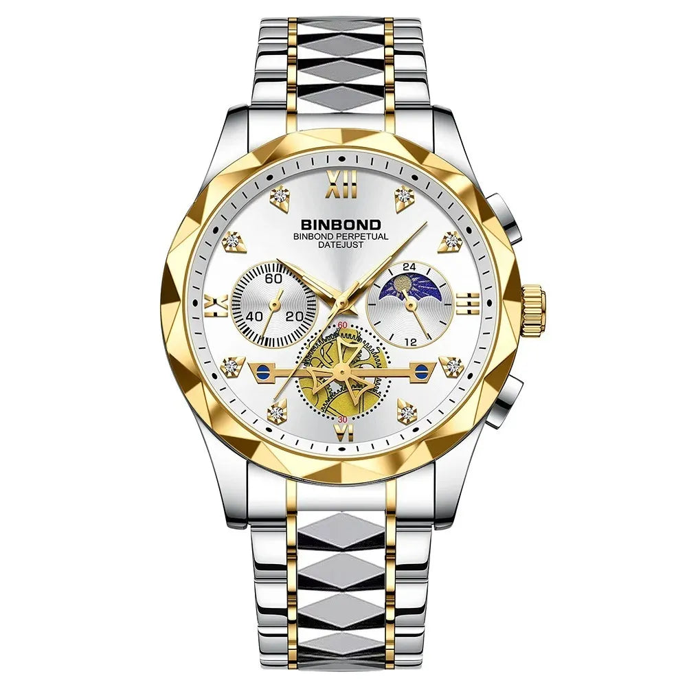 BINBOND B1236 Brand Fashion Tourbillon Dial Quartz Watches Men’s Luxury Stainless Steel + Free Chain cutter